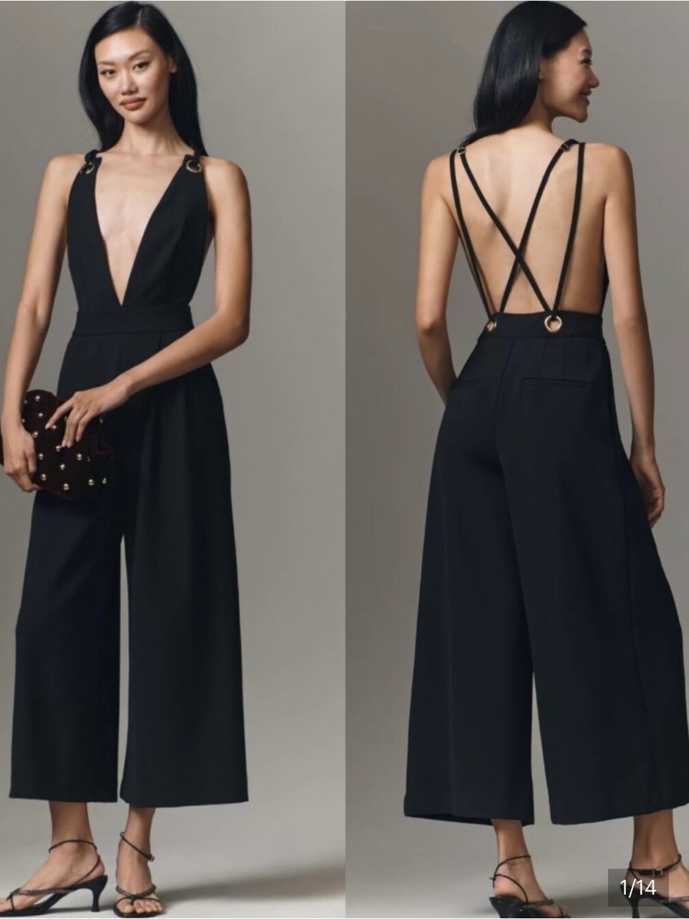 Maeve Black Deep V Strappy Back Wide-Leg Jumpsuit